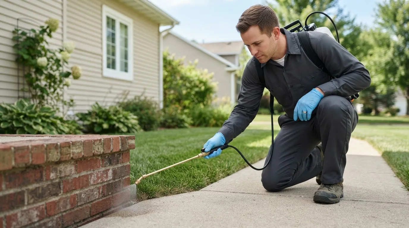 Pest control technician treating a home near Leeds, UT